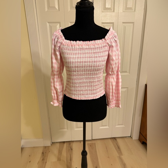 Francesca's Collections Tops - Francesca's Collections Pink Checkered Smocked Blouse